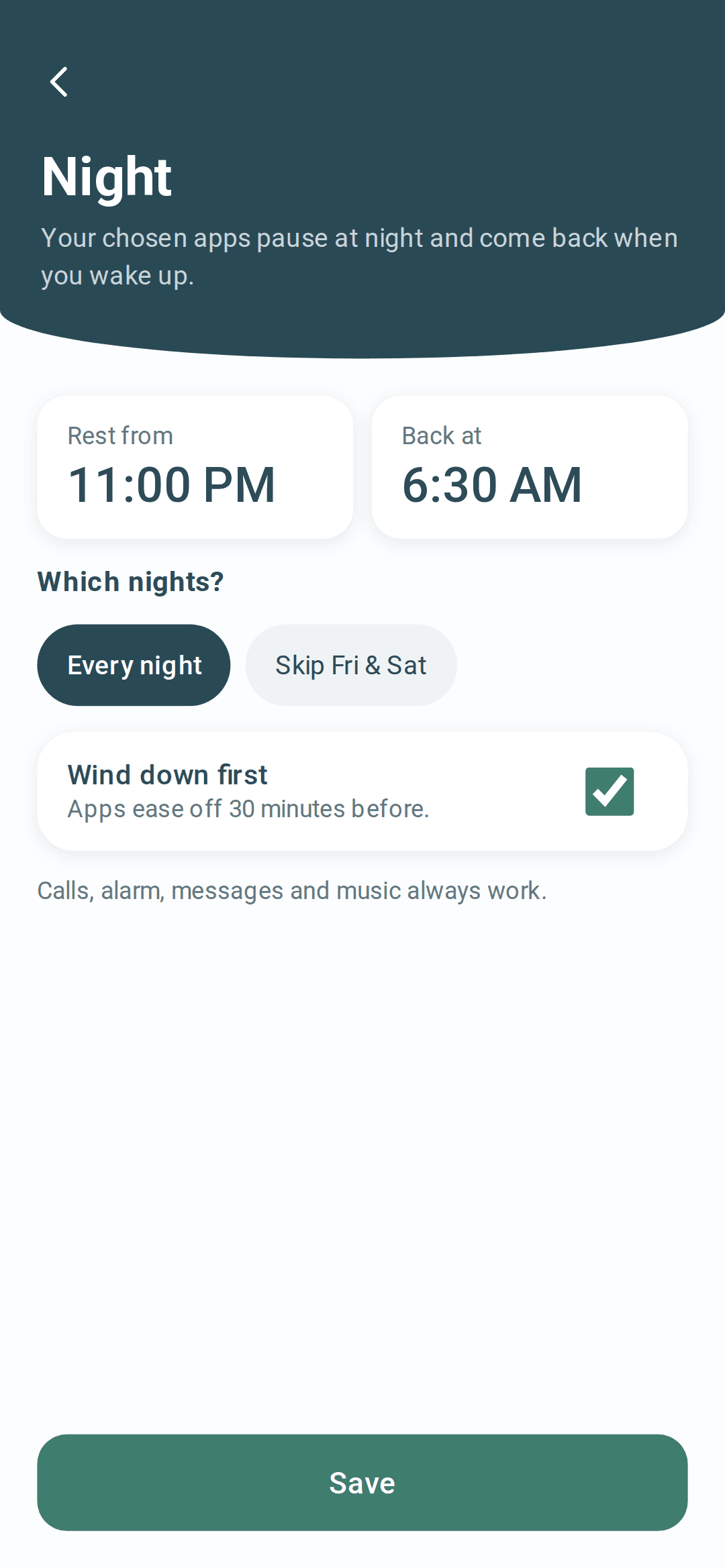 Night settings with rest and back times, which nights, and a wind-down option