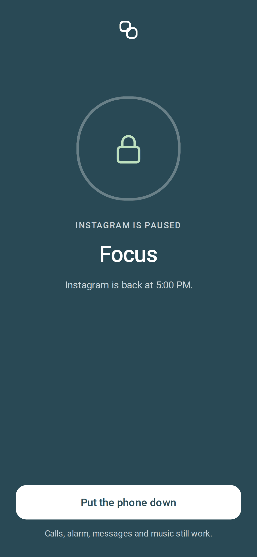 The calm pause screen during a focus session, saying Instagram is back at 5:00 PM
